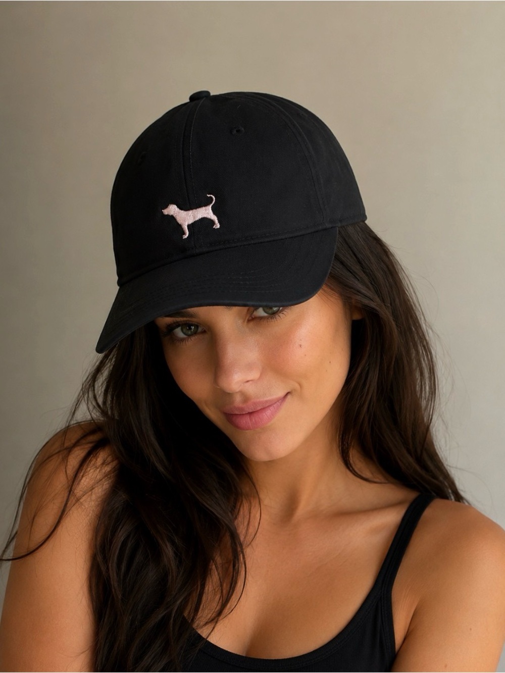 PINK Victoria's Secret Black Hat with Pink Dog Emblem OSFM
